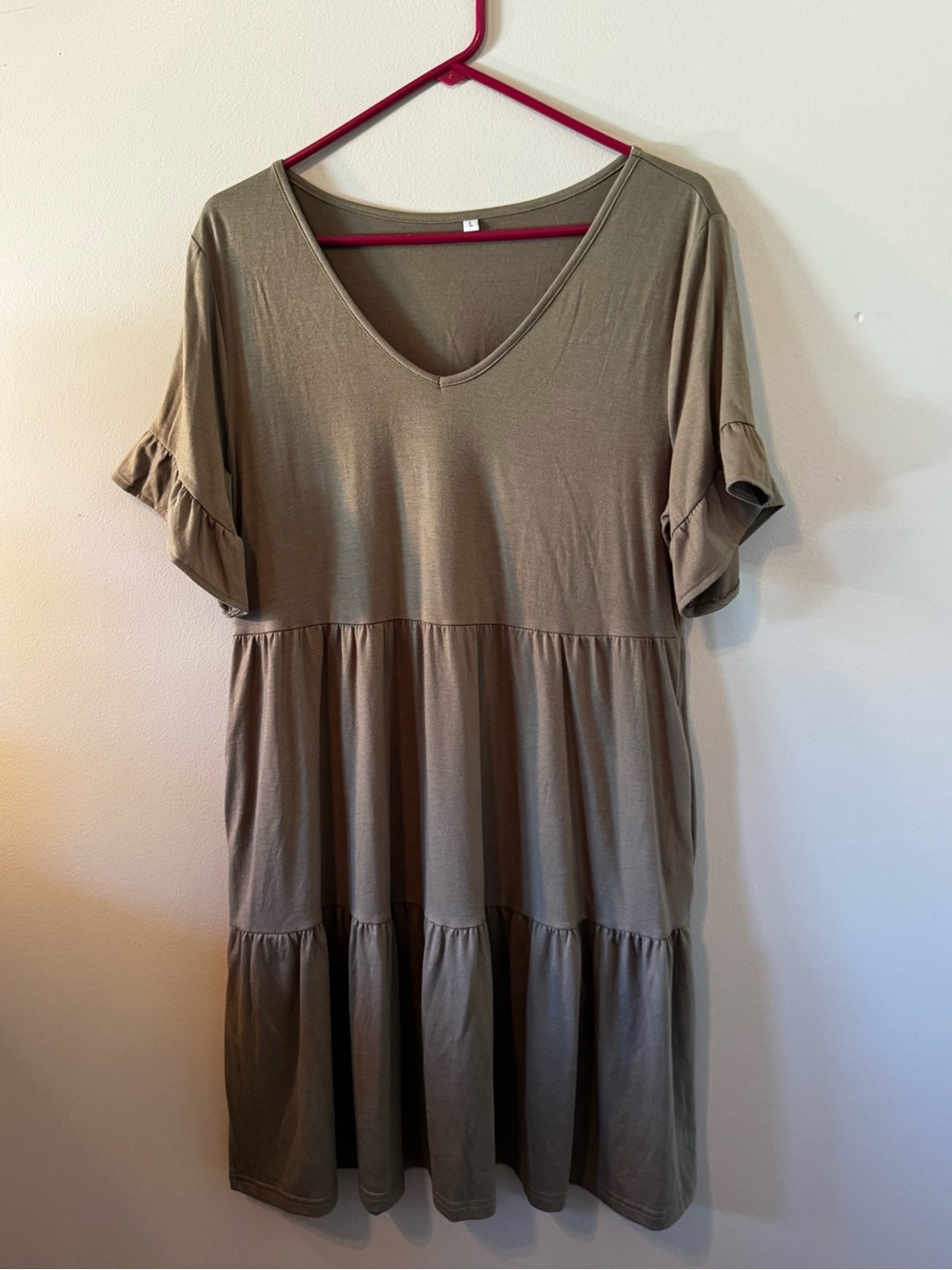 Tiered V-Neck Ruffle Sleeve Dress - Olive
